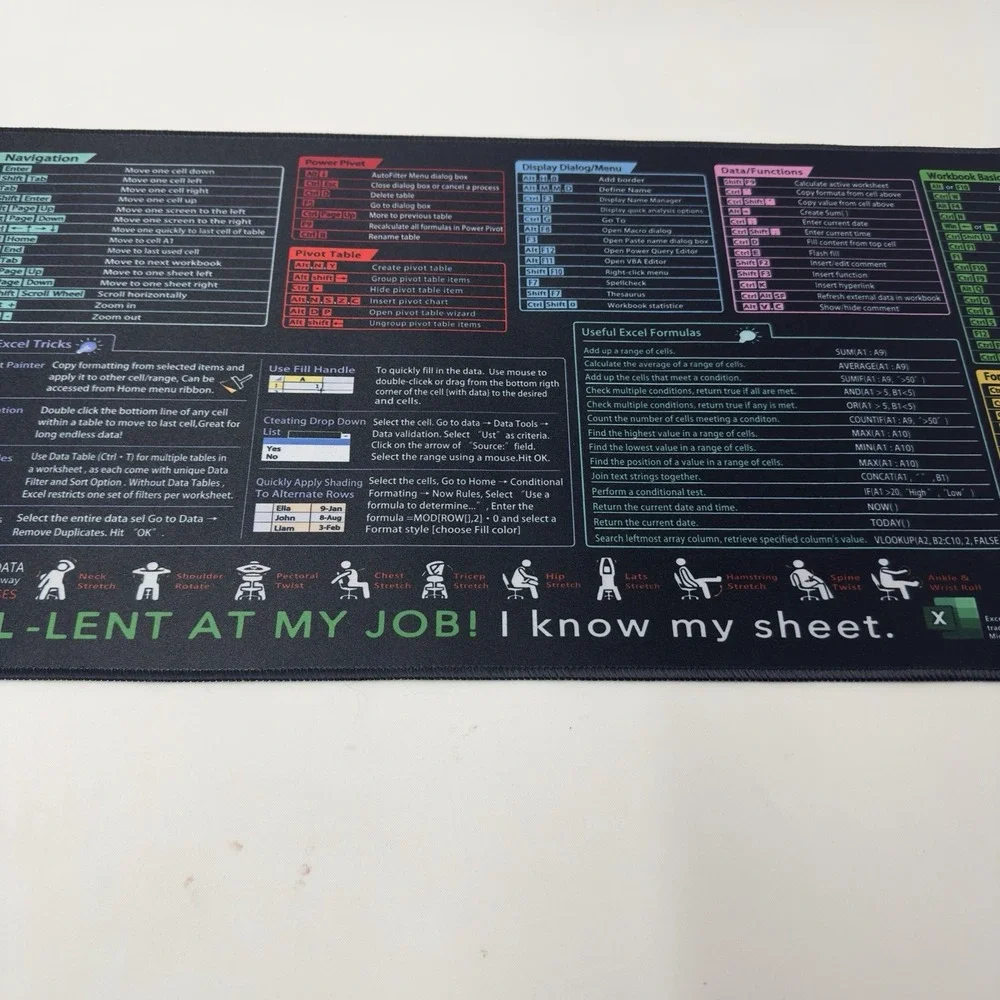 XL‎ Desk Mat Mouse Pad With Excel Shortcuts-Keyboard end Office Mat